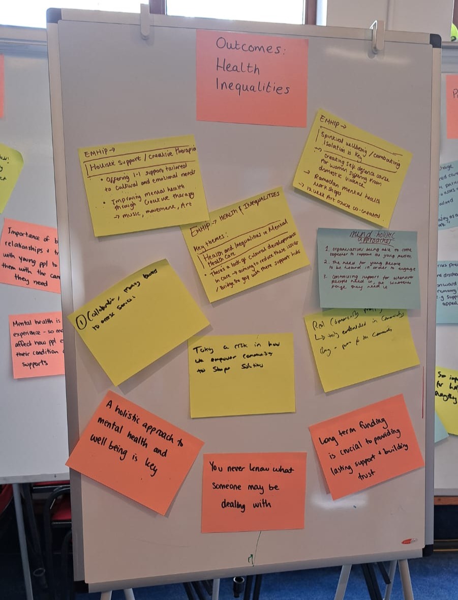 A board of post it notes suggesting ways to improve health inequalities