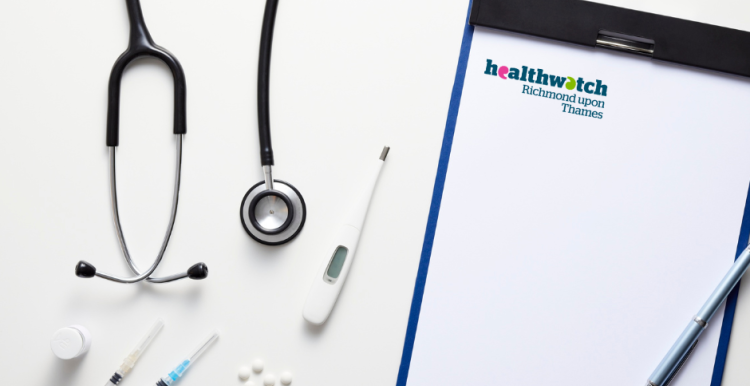 Photo of a note pad stamped Healthwatch Richmond, a thermometer, pills, two syringes and a stethoscope on a white desk.