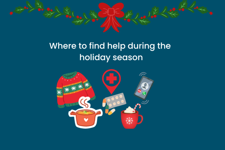 On a blue background, the text reads: where to find help during the holiday season. A holly garland with a red bow frames the top part of the picture. Under the message are pictured a woollen winter jumper, tablets, a festive hot chocolate, a red pharmacy cross, a pot of hot soup and a phone.