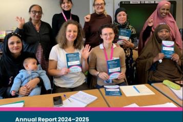 Screen shot of the cover of 2024/25 Annual report showing Healthwatch Staff meeting community members