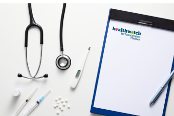 Photo of a note pad stamped Healthwatch Richmond, a thermometer, pills, two syringes and a stethoscope on a white desk.