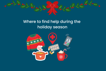 On a blue background, the text reads: where to find help during the holiday season. A holly garland with a red bow frames the top part of the picture. Under the message are pictured a woollen winter jumper, tablets, a festive hot chocolate, a red pharmacy cross, a pot of hot soup and a phone.