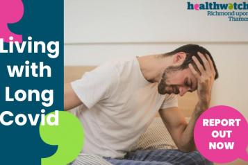 Title image saying "Living with Long Covid" and "report out now", showing a man sat in bed, holding his head in discomfort.
