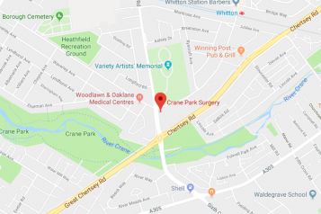 Pin showing Crane Park Surgery on map