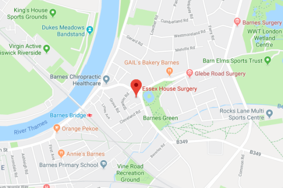 Pin showing Essex House Surgery on map