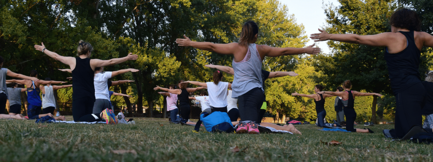 People doing Yoga in a park and a mess age encouraging people to fill in a survey 