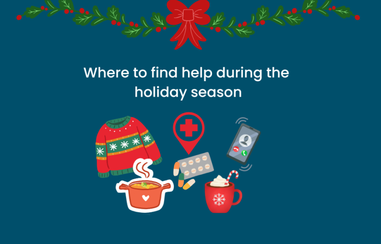 On a blue background, the text reads: where to find help during the holiday season. A holly garland with a red bow frames the top part of the picture. Under the message are pictured a woollen winter jumper, tablets, a festive hot chocolate, a red pharmacy cross, a pot of hot soup and a phone.