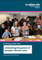Screen shot of the cover of 2024/25 Annual report showing Healthwatch Staff meeting community members