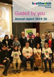 Guided by you: Annual report 2019-20 cover page. Young people and various staff at the Youth Out Loud! Launch