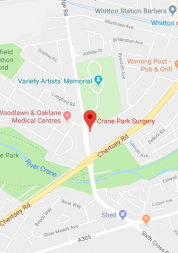 Pin showing Crane Park Surgery on map
