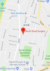 Pin showing North Road Surgery on map